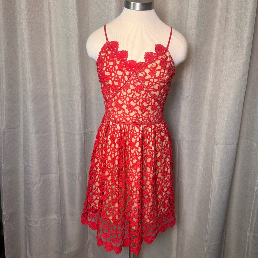 DRESS FORUM Red Lace Overlay Spaghetti Strap Mini Dress